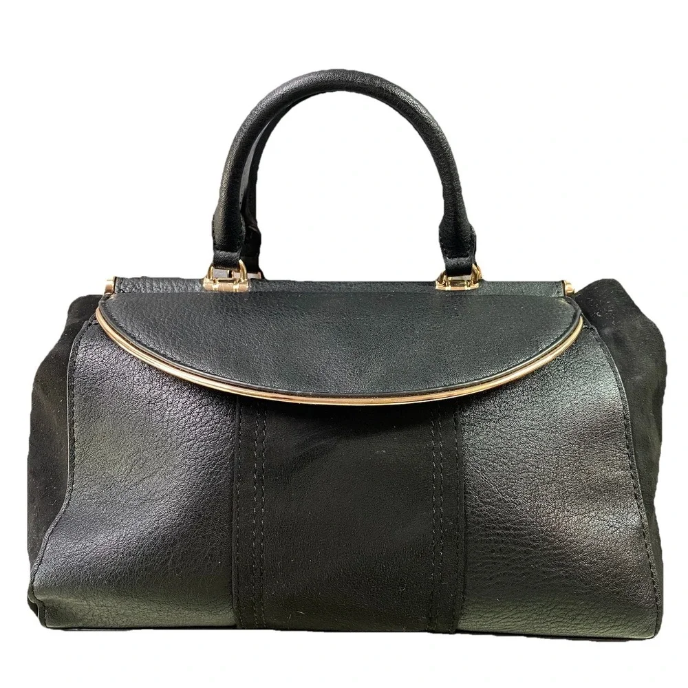 Lauren Conrad Black Faux Leather&Suede Satchel Purse Top Handles 8.5x10.5x3